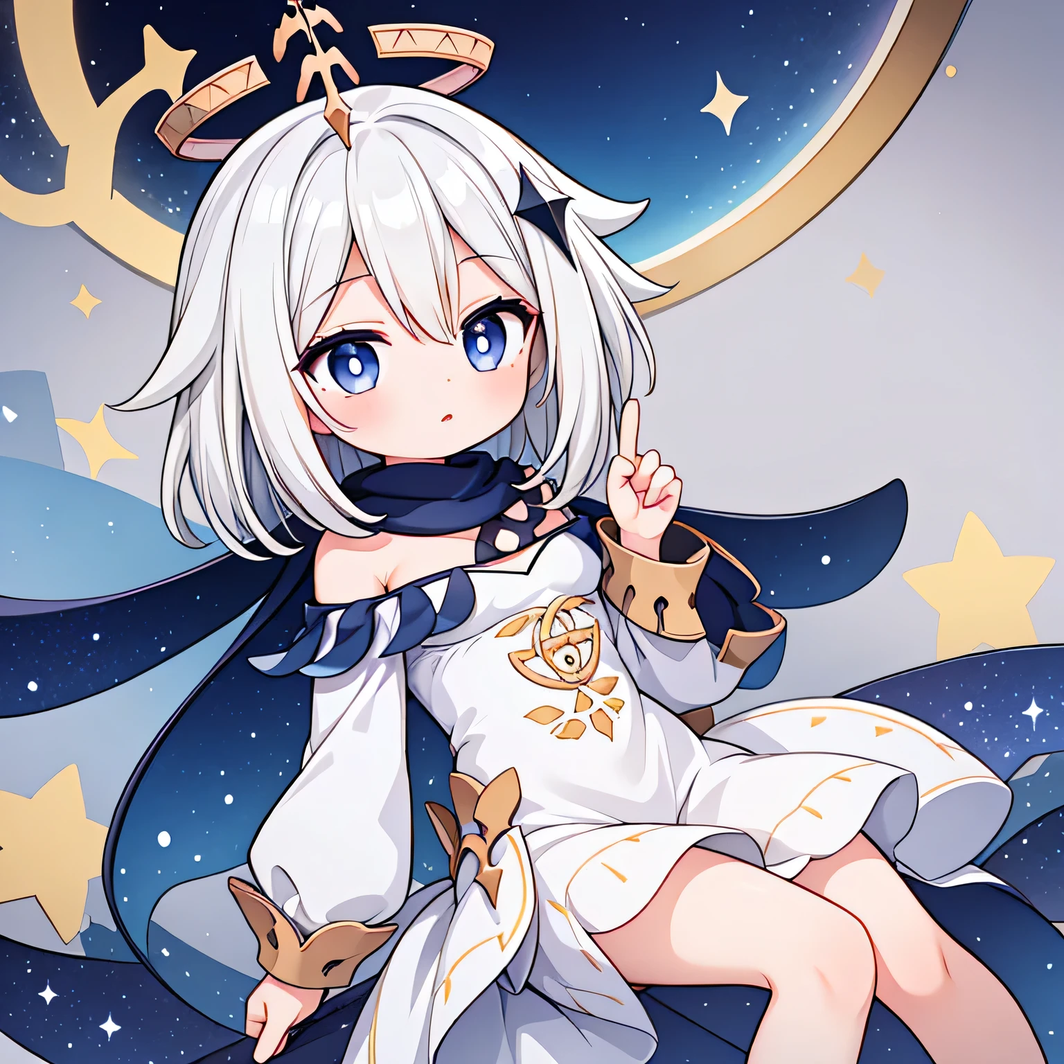 High quality, masterpiece, one girl, paimon, flat breast, short silver hair, blue eyes, paimon clothes 