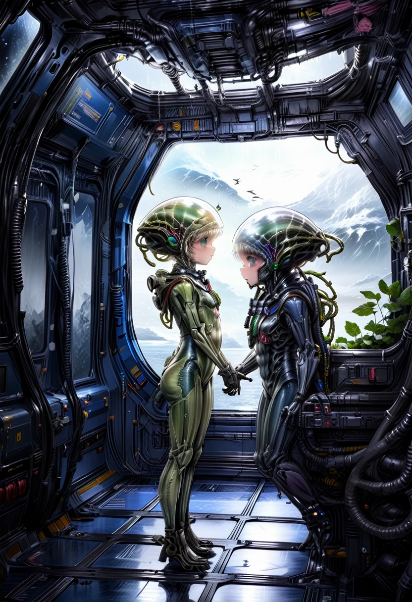 ecchi anime, vista traseira, corpo todo, visualização dinâmica, tentativa distante, Qualidade HD8k, fada xenomorfa, lindo, bonitinho, Corpo esguio, Cara de bebê, bio-fato espacial gelatinoso, flutuando em um navio orgânico,