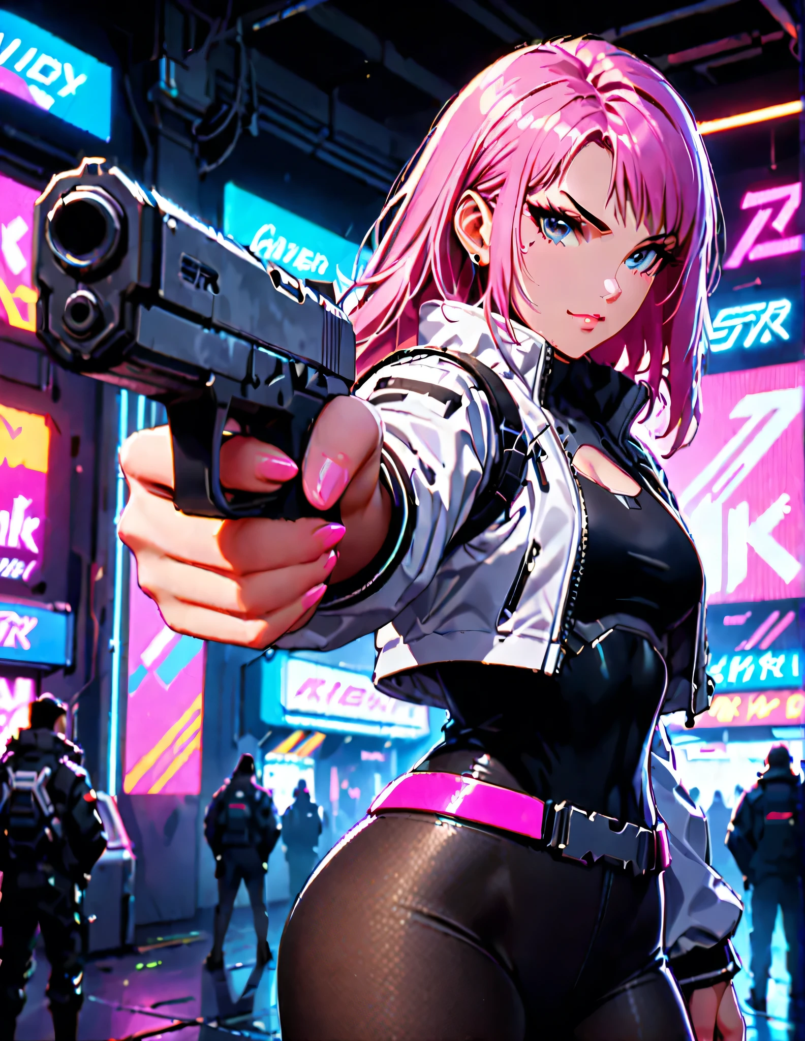 (best quality,high quality,1girl,lovely,cute,white jacket,solo focus,grey eyes,beautiful detailed eyes,beautiful detailed face,perfect hands,complete fingers,perfect anatomy,perfect proportions,ultra long pink hair,detailed shadows,detailed,cyberpunk,neon),solo beautiful girl in a white jacket with grey eyes and ultra long pink hair. Her face is beautifully detailed with perfect proportions and anatomy. She has lovely and beautiful detailed eyes that shine with a serious expression. Her hands are perfect, with complete fingers. The lighting casts detailed shadows on her face. She stands in a solo focus, aiming a pistol at the viewer, adding a touch of intensity. She wears skintight black leggings or full black pantyhose that match her black boots. The entire composition is captured in a cowboy shot, emphasizing her powerful presence. The scene has a cyberpunk atmosphere with neon lights, adding a futuristic and dynamic element to the overall composition. The image is of the highest quality, with a highly detailed and realistic rendering.