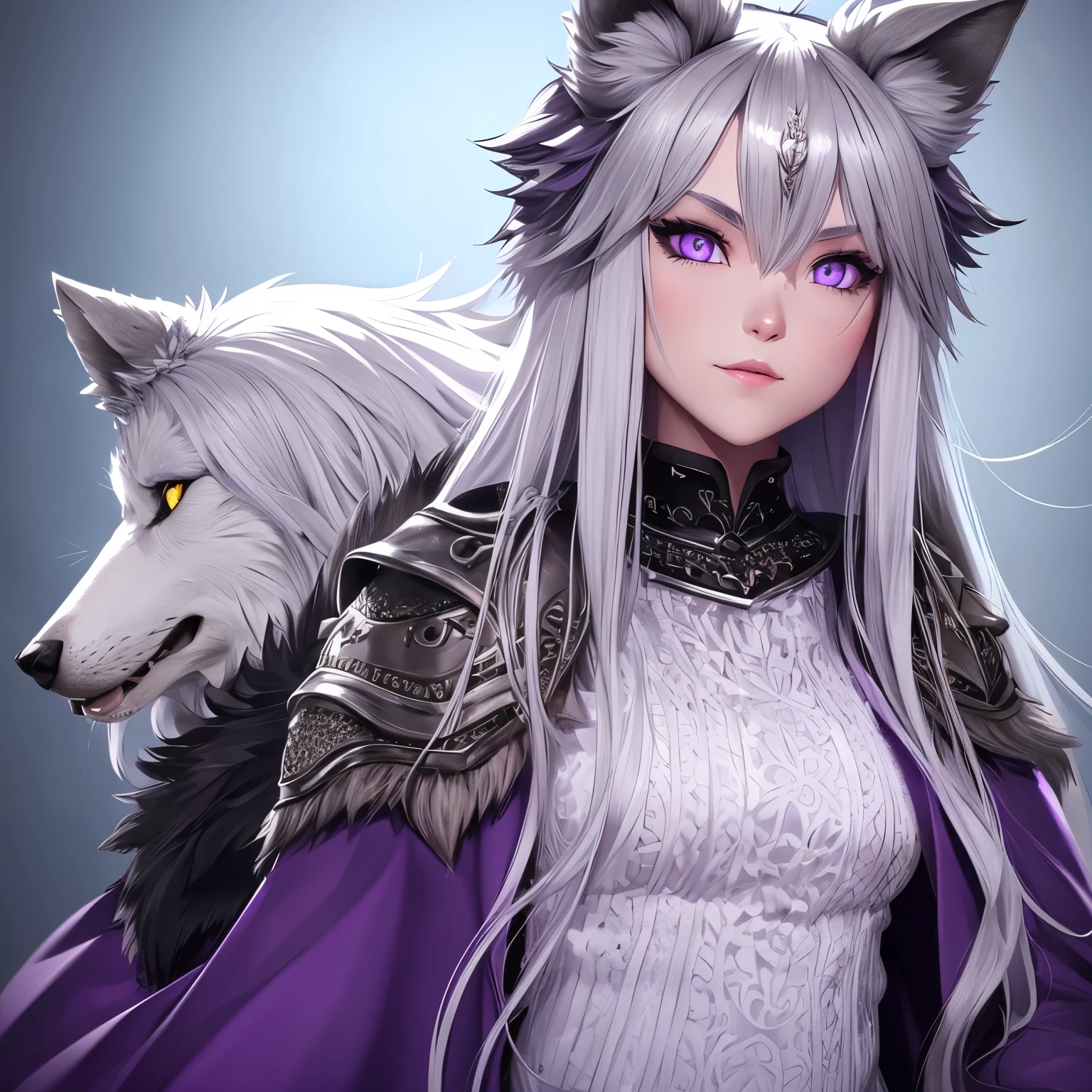 Wolf kin, girl, tall, silver hair and fur, purple eyes