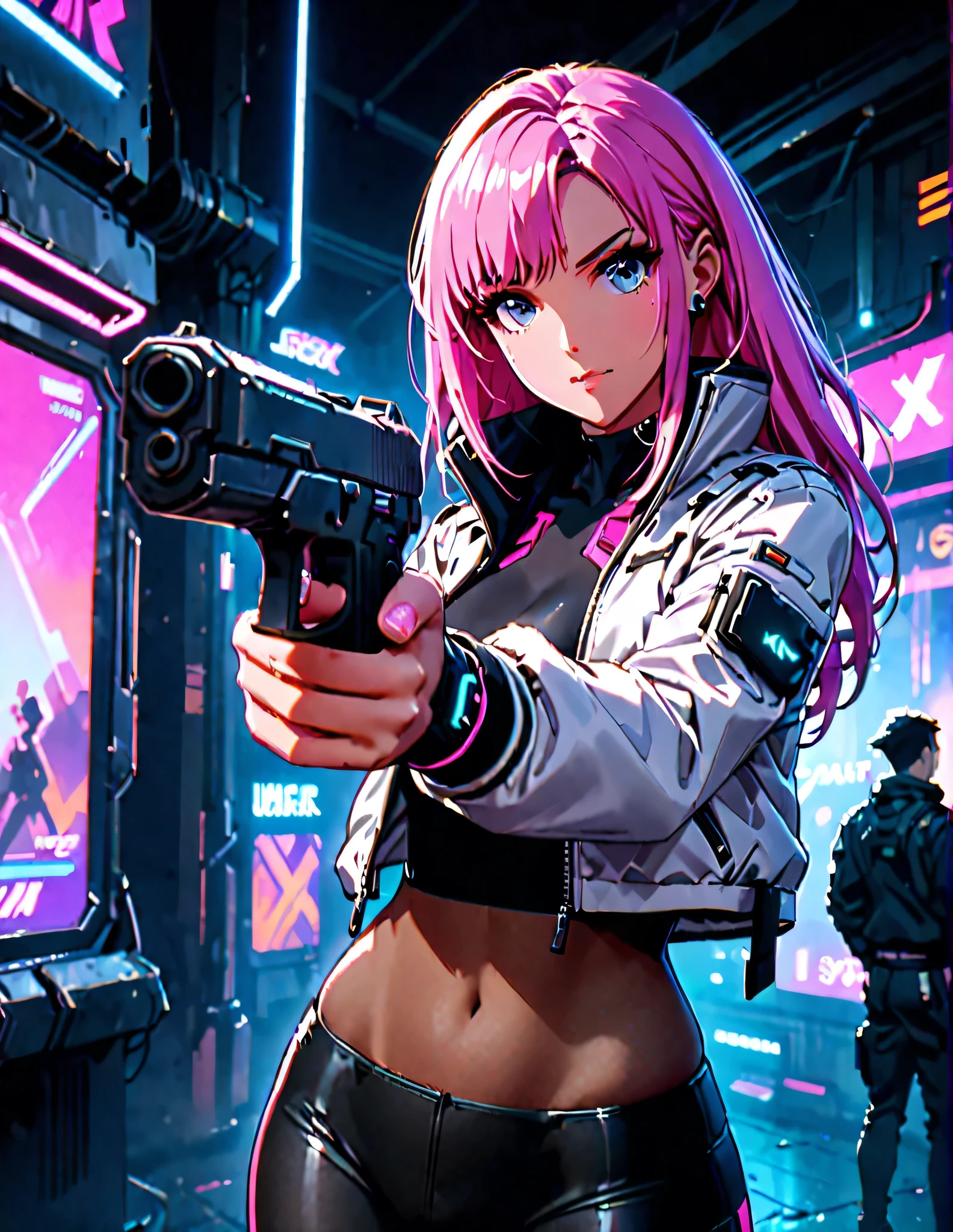 (best quality,high quality,1girl,lovely,cute,white jacket,solo focus,grey eyes,beautiful detailed eyes,beautiful detailed face,perfect hands,complete fingers,perfect anatomy,perfect proportions,ultra long pink hair,detailed shadows,detailed,cyberpunk,neon),solo beautiful girl in a white jacket with grey eyes and ultra long pink hair. Her face is beautifully detailed with perfect proportions and anatomy. She has lovely and beautiful detailed eyes that shine with a serious expression. Her hands are perfect, with complete fingers. The lighting casts detailed shadows on her face. She stands in a solo focus, aiming a pistol at the viewer, adding a touch of intensity. She wears skintight black leggings or full black pantyhose that match her black boots. The entire composition is captured in a cowboy shot, emphasizing her powerful presence. The scene has a cyberpunk atmosphere with neon lights, adding a futuristic and dynamic element to the overall composition. The image is of the highest quality, with a highly detailed and realistic rendering.