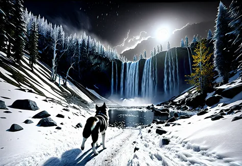 night husky malamute howling masterpiece epic path deep equirectangular snow mountain glacier weather snowflakes waterfall fores...