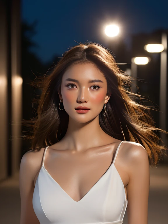 ((Realistic lighting, Best quality, 8K, Masterpiece: 1.3)), Clear focus: 1.2, 1girl, Perfect body beauty: 1.4, Slim abs: 1.1, ((dark brown hair)), (White dress: 1.4), (Outdoor, night: 1.1), City Street, Super Fine Face, Fine Eyes, Double Eyelids