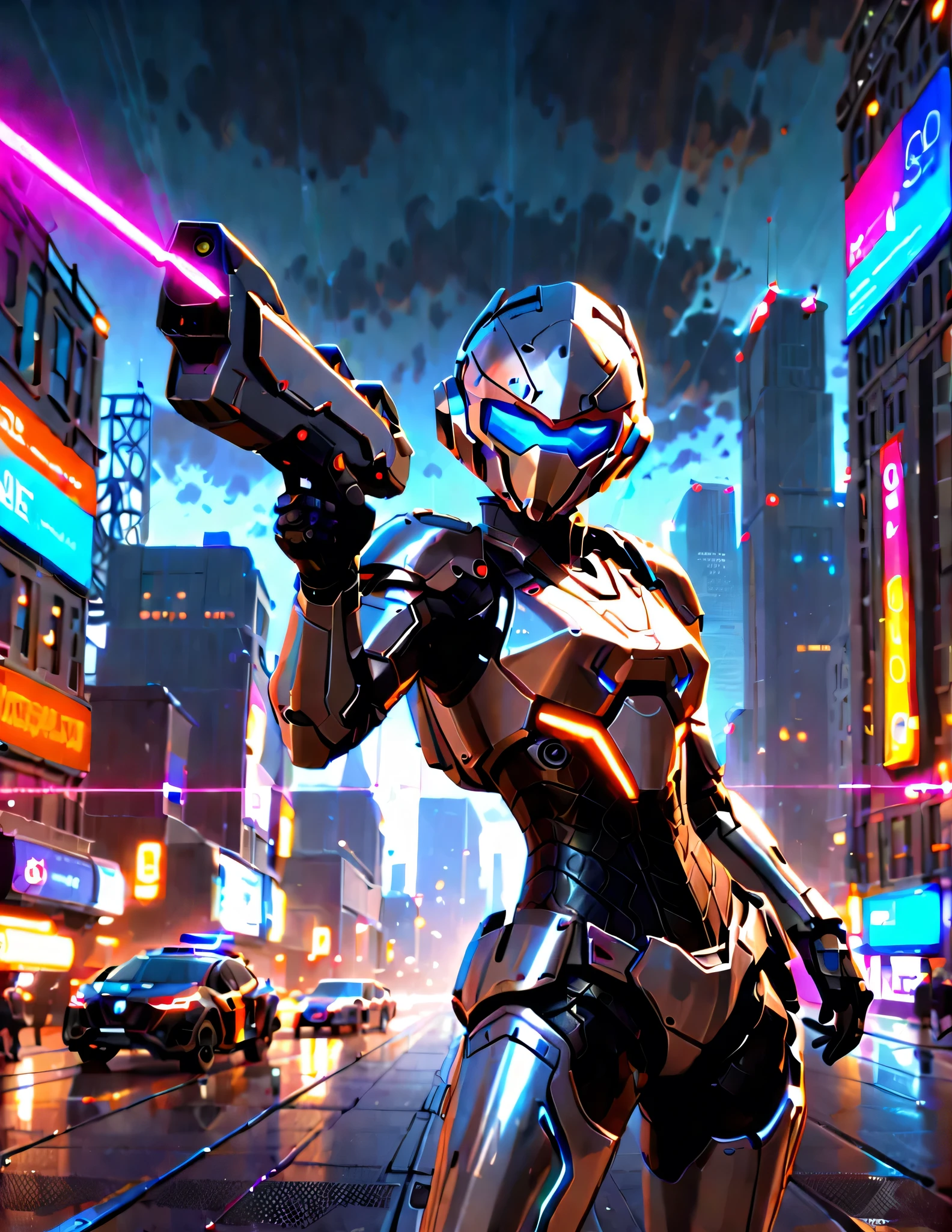 (best quality,4k,8k,highres,masterpiece:1.2),cute, stunning, space police, cyberpunk, neon outfit,extremely detailed eyes,realistic,professional,ultra-fine painting,HDR,vivid colors,bokeh,portrait,landscape,horror,anime,sci-fi,photography,concept artists,coloful bright,glowing lights,hightlight,sparkling effects,sleek design,advanced technology,high-tech gadgets,powerful energy,intergalactic cityscape,thick smoke,shiny metallic surfaces,nighttime ambiance,energetic pose,confident facial expression,great attention to detail,blurred city lights,colorful neon signs,dystopian futuristic atmosphere,laser weapons,spacecrafts flying overhead,grand scale,deep shadows,impressive backdrops,otherworldly particles and effects,mysterious aura,dynamic composition,crisp details,nano-textured armor,impressive architecture,ethereal glow.