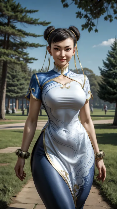 chunli, double bun, ribbons, china dress, gold-trim, bracelets, leggings, looking at viewer, serious, smiling, standing, outside...