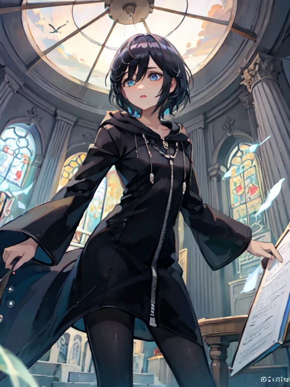 straight, Alone,  aaxion, short hair, hood, black coat, hooded coat, zipper, long sleeves, black pantyhose, black gloves, black knee high boots,  absurdities, ultra detailed, masterpiece, Best Quality, aesthetic, detailed,