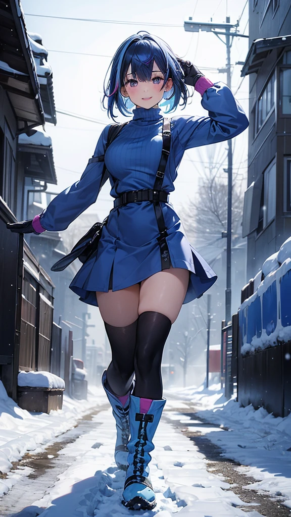 1girl, bangs, blue hair, multicolored hair, parted lips, purple eyes, short hair, smile, solo, blue turtleneck dress, blue stockings, blue snow boots, blue mittens snowy background, cold breath 