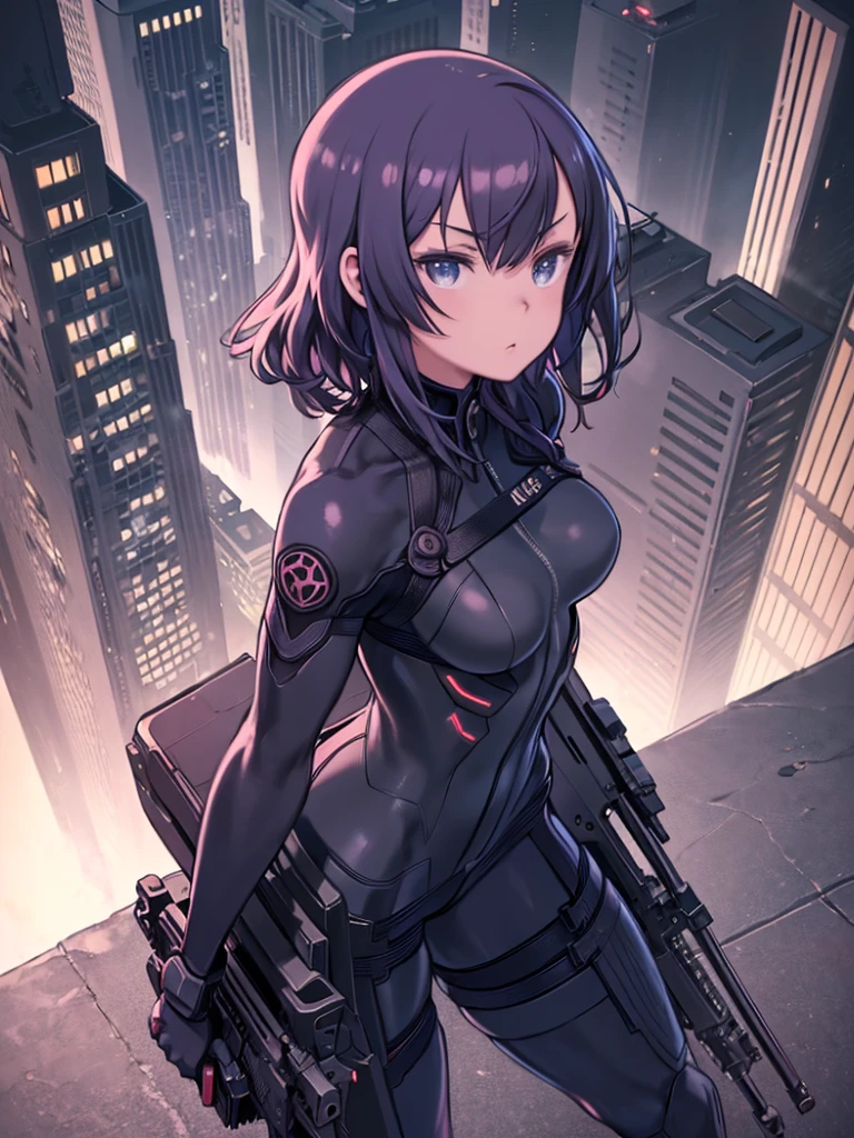 Anime girl with a gun standing on a rooftop looking down on the city、(Mast Piece:1.2,highest quality,Ultra-detailed,Powerful backlight:1.3,silhouette:1.45),, , //character, 1 Solo Female Mercenary,Ghost in the Shell Motoko Kusanagi,One eye is glowing red:1.2,Facial expression Murderous eyes,Overlooking the city.Black Leather Tight Suit:1.2, Hand holding a huge anti-tank rifle (Winchester Williams .50),Standing pose,(Looking up angle:1.35), , //background, Building rooftop at night:1.2,,8k,Unreal Engine 5.Unity.Octanellender