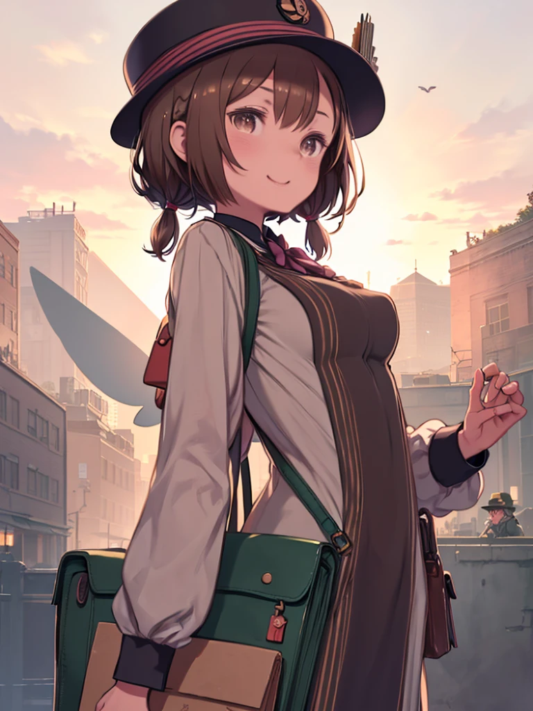 Woman in uniform holding wallet and handbag、(Brown Hair:1.2),(Braided Short Hair:1.2),(Braided Pigtails:1.2),(With bangs),(Brown eyes:1.25),blush,(eyes are shining brightly:1.2),(Eye size:1.7),(Steampunk place:1.15),(Antique decoration:1.1),(Soft Image),(Fairy Wings:1.1),(Wave your hands loudly、Walk cheerfully:1.1),(Clothes with a voluminous silhouette like a delivery man:1.4),(The color of the clothes is pink, white, Yellow-green.),(A kind smile),(Big Breasts:1.15),(Postman-like hat:1.25),(Boston bag filled with letters:1.2),(Pouch Bag:1.2),