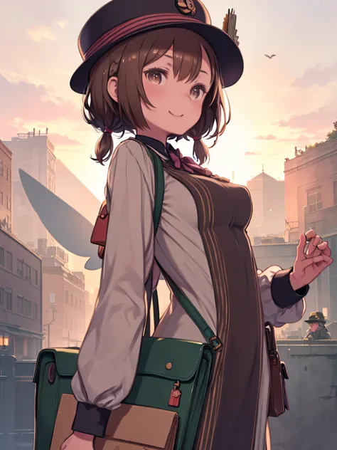 Woman in uniform holding wallet and handbag、(Brown Hair:1.2),(Braided Short Hair:1.2),(Braided Pigtails:1.2),(With bangs),(Brown...