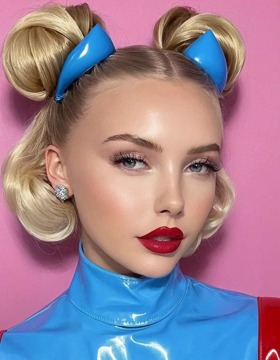 Gorgeous young girl,blondes Haar,Space Buns,rosa Latexbluse, Latex blouse buttoned up, Latex Bluse detailliert,shiny light blue latex skirt,shiny pink latex stockings,Red Shiny Lacquer PVC Shoes,Perfektes Gesicht,Detaillierte Augen,Detaillierte Lippen,lange Wimpern,vollbusig,niedlich,portrait,hight resolution,realistisch,Studiobeleuchtung,Lebendige Farben