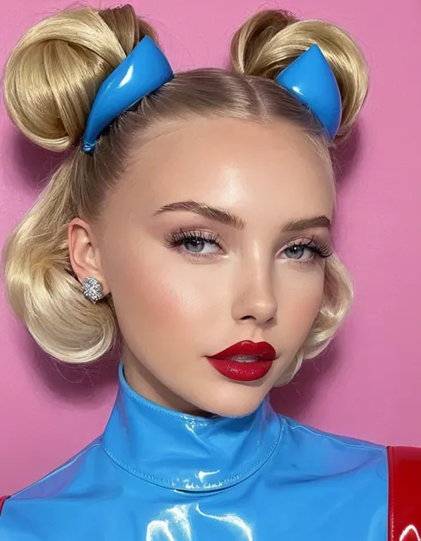 gorgeous young girl,blondes haar,space buns,rosa latexbluse, latex blouse buttoned up, latex bluse detailliert,shiny light blue ...