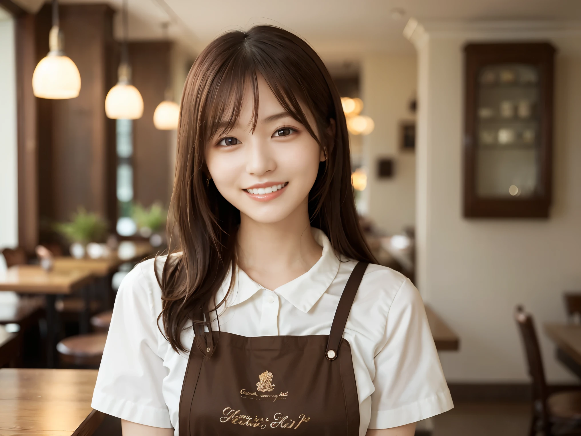 (highest quality、Tabletop、8k、Best image quality、Award-winning works)、Woman working in a café、(The perfect brown apron:1.2)、(Standing elegantly in a cafe:1.1)、(A classy shirt and apron:1.1)、(Big Breasts:1.1)、(Accentuate your body lines:1.1)、Beautiful woman portrait、The most elegant and cozy cafe、The most natural cafe, Perfectly organized、(The moodiest warm lighting:1.1)、(The most romantic atmosphere:1.1)、Stylish and elegant cafe、Strongly blurred background、Look at me and smile、(Accurate anatomy:1.2)、Ultra high resolution perfect beautiful teeth、Ultra-high definition beauty face、Ultra HD Hair、Ultra HD The Shining Eyes、The Shining, Super high quality beautiful skin、Super high quality glossy lip