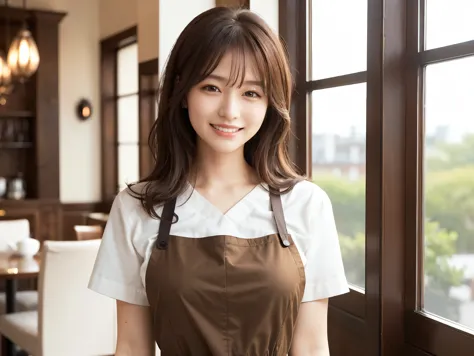 (highest quality、Tabletop、8k、Best image quality、Award-winning works)、Woman working in a café、(The perfect brown apron:1.2)、(Stan...