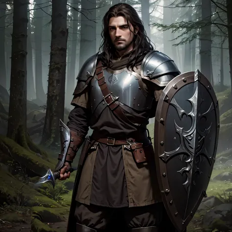 Soldier with shoulder length dark brown hair, brown stubble, wearing plate armor, a sword in his right hand and a shield in his ...