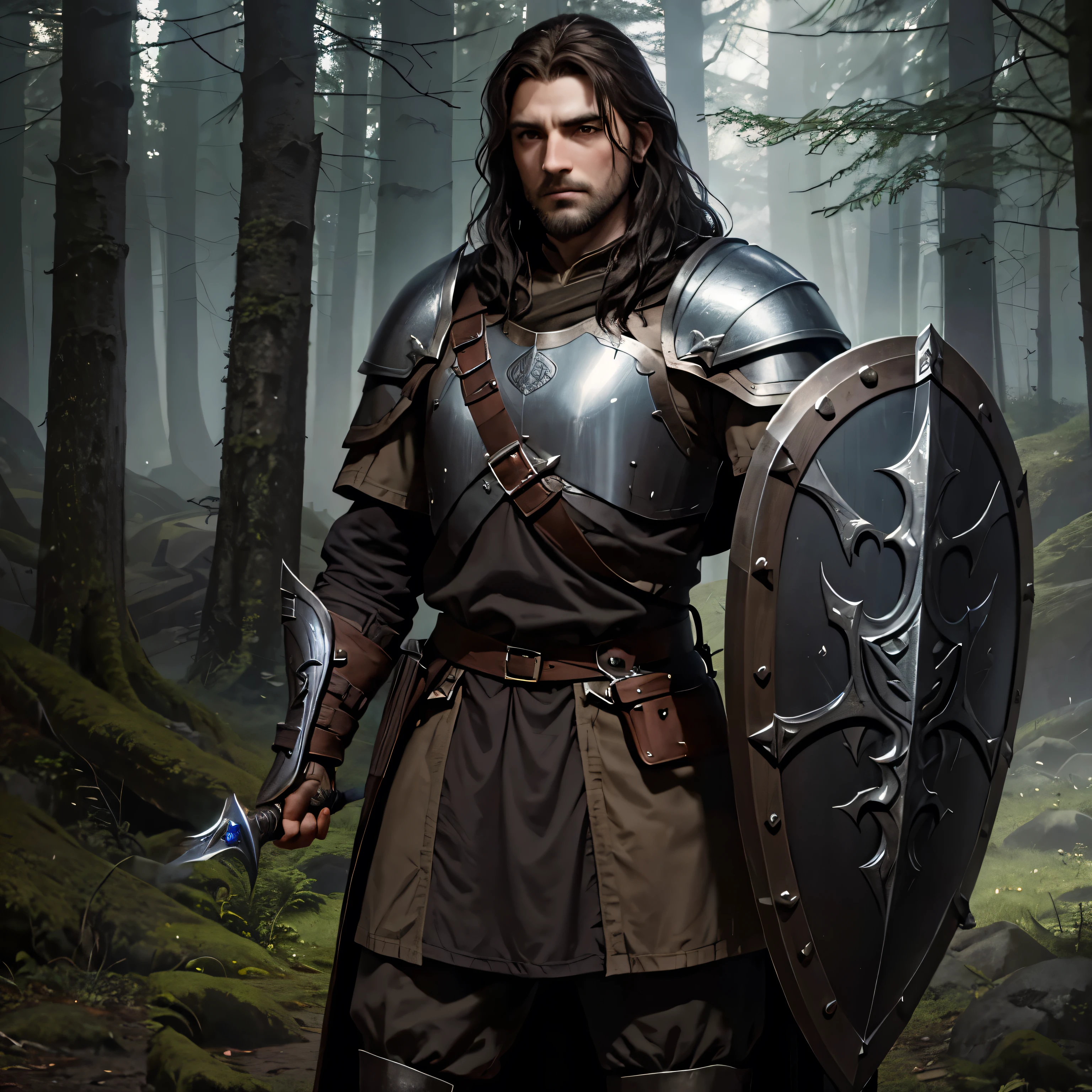 Soldier with shoulder length dark brown hair, brown stubble, wearing plate armor, a sword in his right hand and a shield in his left hand, standing in a fantasy forest, wearing a cloak, gritty, realistic, Tolkien, lord of the rings 