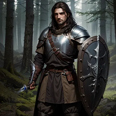 Soldier with shoulder length dark brown hair, brown stubble, wearing plate armor, a sword in his right hand and a shield in his ...