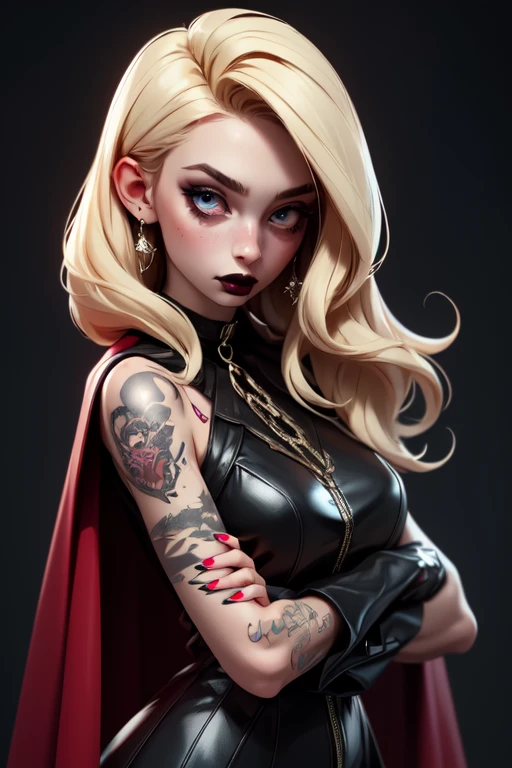 (Best Quality, 8k, Masterpiece, UHD), (Photo of Attractive Caucasian Gothic model Woman with tattoos), solo 1Girl as platinum blonde, heavy makeup ,  cape, choker,very pale skin,Ultra Detailed Face, Detailed Lips, Fine Eyes, black lipstick, Fine Eyes