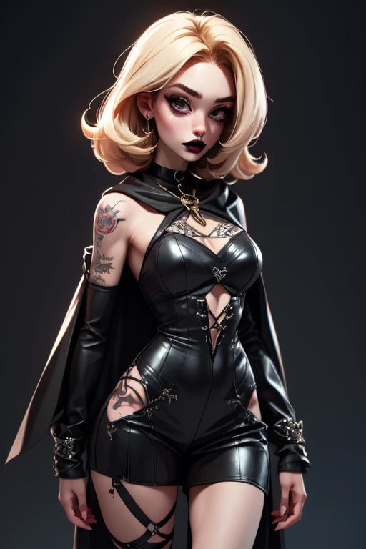 (Best Quality, 8k, Masterpiece, UHD), (Photo of Attractive Caucasian Gothic model Woman with tattoos), solo 1Girl as short hair platinum blonde, heavy makeup ,  cape, choker,very pale skin,Ultra Detailed Face, Detailed Lips, Fine Eyes, black lipstick, Fine Eyes