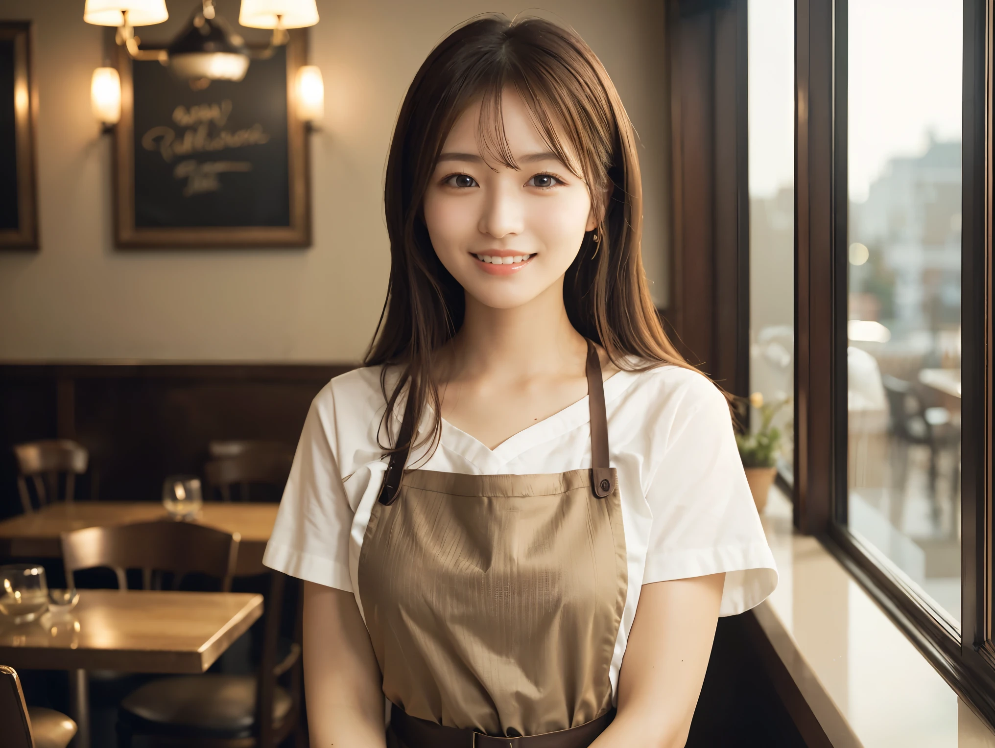 (highest quality、Tabletop、8k、Best image quality、Award-winning works)、Woman working in a café、(The perfect brown apron:1.2)、(Standing elegantly in a cafe:1.1)、(A classy shirt and apron:1.1)、(Big Breasts:1.1)、(Accentuate your body lines:1.1)、Beautiful woman portrait、The most elegant and cozy cafe、The most natural cafe, Perfectly organized、(The moodiest warm lighting:1.1)、(The most romantic atmosphere:1.1)、Stylish and elegant cafe、Strongly blurred background、Look at me and smile、(Accurate anatomy:1.2)、Ultra high resolution perfect beautiful teeth、Ultra-high definition beauty face、Ultra HD Hair、Ultra HD The Shining Eyes、The Shining, Super high quality beautiful skin、Super high quality glossy lip