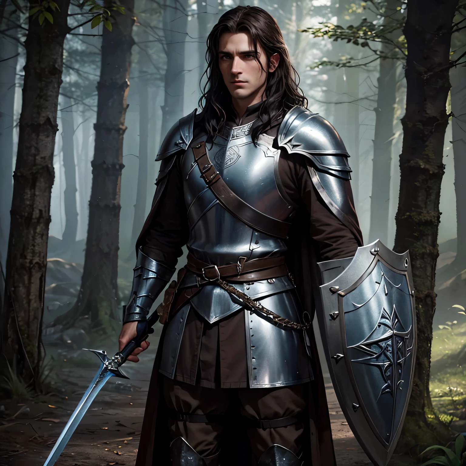 Soldier with shoulder length dark brown hair, brown stubble, wearing silver armor of knight on his whole body, a elvish sword in his right hand and a large shield in his left hand, standing in a fantasy background, wearing a cloak, gritty, realistic, Tolkien, lord of the rings 