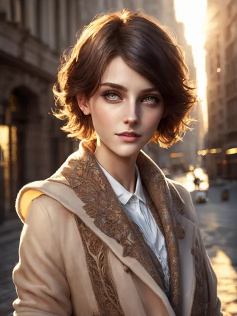 (masterpiece, best quality:1.3), cute woman with short hair, urban cityscape, morning, quiet and peaceful with soft morning ligh...