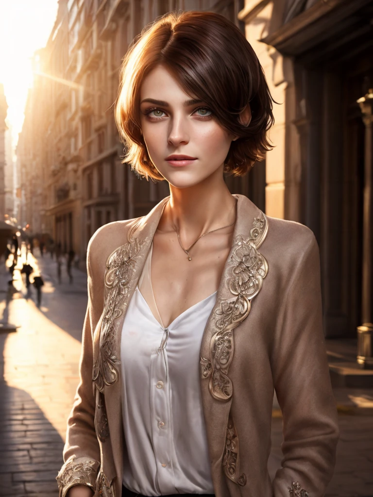 (masterpiece, best quality:1.3), cute woman with short hair, urban cityscape, morning, quiet and peaceful with soft morning light, playing of sun rays and shadows, fantasy, intricate, elegant, trending on artstation, concept art, soft focus, cinematic lighting, extremely detailed, Insanely detailed, rich colors, cinematic, detailed beautiful eyes and perfect face, depth of field, bokeh, 16k best quality