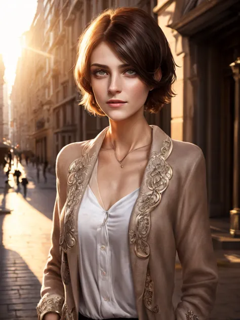 (masterpiece, best quality:1.3), cute woman with short hair, urban cityscape, morning, quiet and peaceful with soft morning ligh...