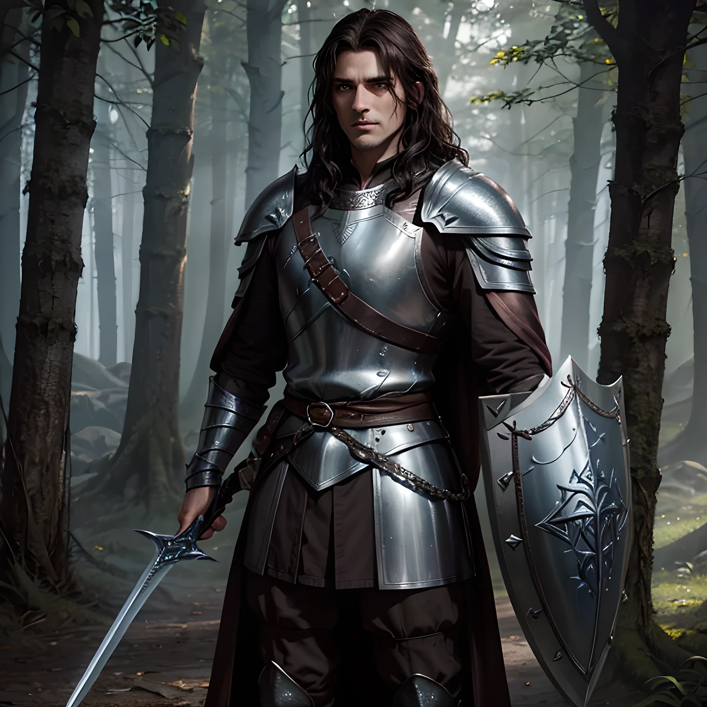 warrior with shoulder length dark brown hair, brown stubble, wearing silver armor of a knight on his body, a magical sword in his right hand and a large shield in his left hand, standing in a fantasy type background, wearing a cloak, gritty, realistic, Tolkien, lord of the rings 