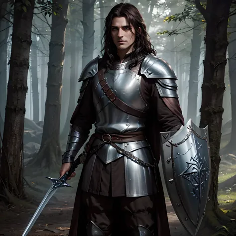 warrior with shoulder length dark brown hair, brown stubble, wearing silver armor of a knight on his body, a magical sword in hi...