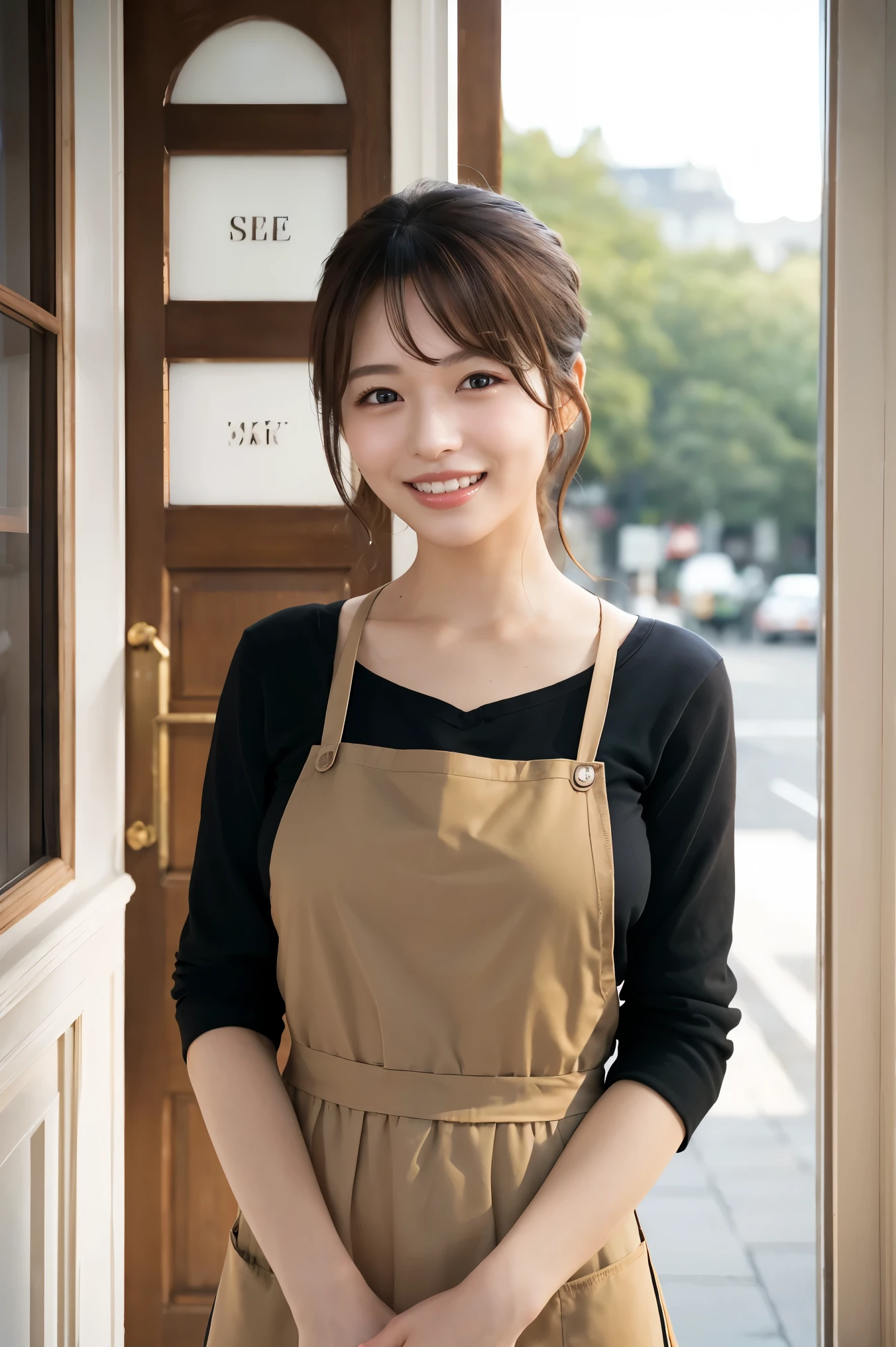 (highest quality、Tabletop、8k、Best image quality、Award-winning works)、Woman working in a café、(The perfect brown apron:1.1)、(The perfect brown apron:1.1)、(Standing elegantly with a blurred cafe entrance in the background:1.3)、(A classy shirt and apron:1.1)、(Big Breasts:1.1)、(Accentuate your body lines:1.1)、Beautiful woman portrait、The most elegant and cozy cafe、The most natural cafe, Perfectly organized、The most atmospheric and warm lighting、Stylish and elegant cafe、Strongly blurred background、Look at me and smile、(Accurate anatomy:1.2)、Ultra high resolution perfect beautiful teeth、Ultra-high definition beauty face、Ultra HD Hair、Ultra HD The Shining Eyes、The Shining, Super high quality beautiful skin、Super high quality glossy lip