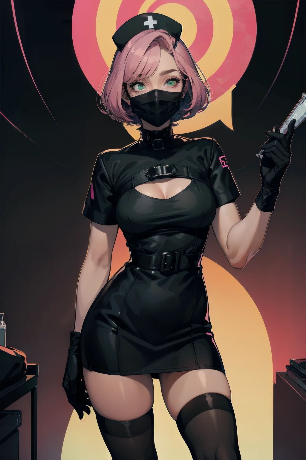 black nurse, 1girl, solo, black nurse cap, black wear, ((black legwear, zettai ryouiki)), black elbow gloves, pink hair, green eyes, drooping eyes, ((black surgical mask, covered nose)), standing, ((surgery room)), sharp outline, short sleeves, best quality, masterpiece