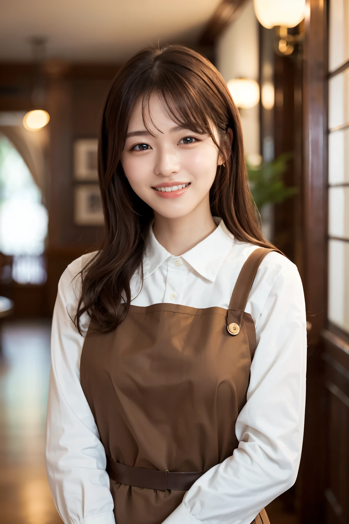 (highest quality、Tabletop、8k、Best image quality、Award-winning works)、Woman working in a café、(The perfect brown apron:1.1)、(The perfect brown apron:1.1)、(Standing elegantly against the backdrop of a blurred cafe:1.3)、(A classy shirt and apron:1.1)、(Big Breasts:1.1)、(Accentuate your body lines:1.1)、Beautiful woman portrait、The most elegant and cozy cafe、The most natural cafe, Perfectly organized、The most atmospheric and warm lighting、Stylish and elegant cafe、Strongly blurred background、Look at me and smile、(Accurate anatomy:1.2)、Ultra high resolution perfect beautiful teeth、Ultra-high definition beauty face、Ultra HD Hair、Ultra HD The Shining Eyes、The Shining, Super high quality beautiful skin、Super high quality glossy lip