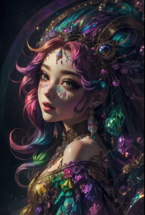 this artwork should be colorful and evoke feelings of euphoria and ecstasy. generate a beautiful fantasy woman with an interesti...