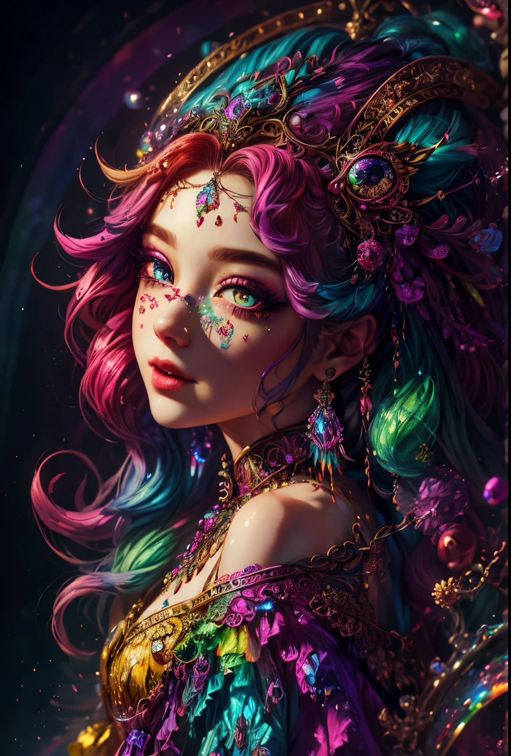 this artwork should be colorful and evoke feelings of euphoria and ecstasy. generate a beautiful fantasy woman with an interesting and dynamic manic expression. the woman is dressed in the style of harajuku decora fashion. ((((her eyes are important and should be clear and detailed.)))) there are many intricate and highly detailed decora fashion accents. clothing is ornate and extravagant with contrasting colors, textures, and patterns. include strong influences from lisa frank. include many awe-inspiring fantasy elements. ((include phantasmal iridescence, crystals, bumps, and rainbow colors that drip like paint through the artwork.)) rainbow paint should drip through hair and onto face and body. pay particular attention to a beautifully detailed face with realistic shading. include 8k eyes, highly detailed eyes, realistically detailed eyes, macro eyes, bright eyes. the overall feeling of this artwork should be happiness and excitement. the artwork should be highly ornate. impress me. the artwork should be highly creative and ultra ornate. include many decora decorations and accessories. (fantasy00d), high quality, highres, detail enhancement