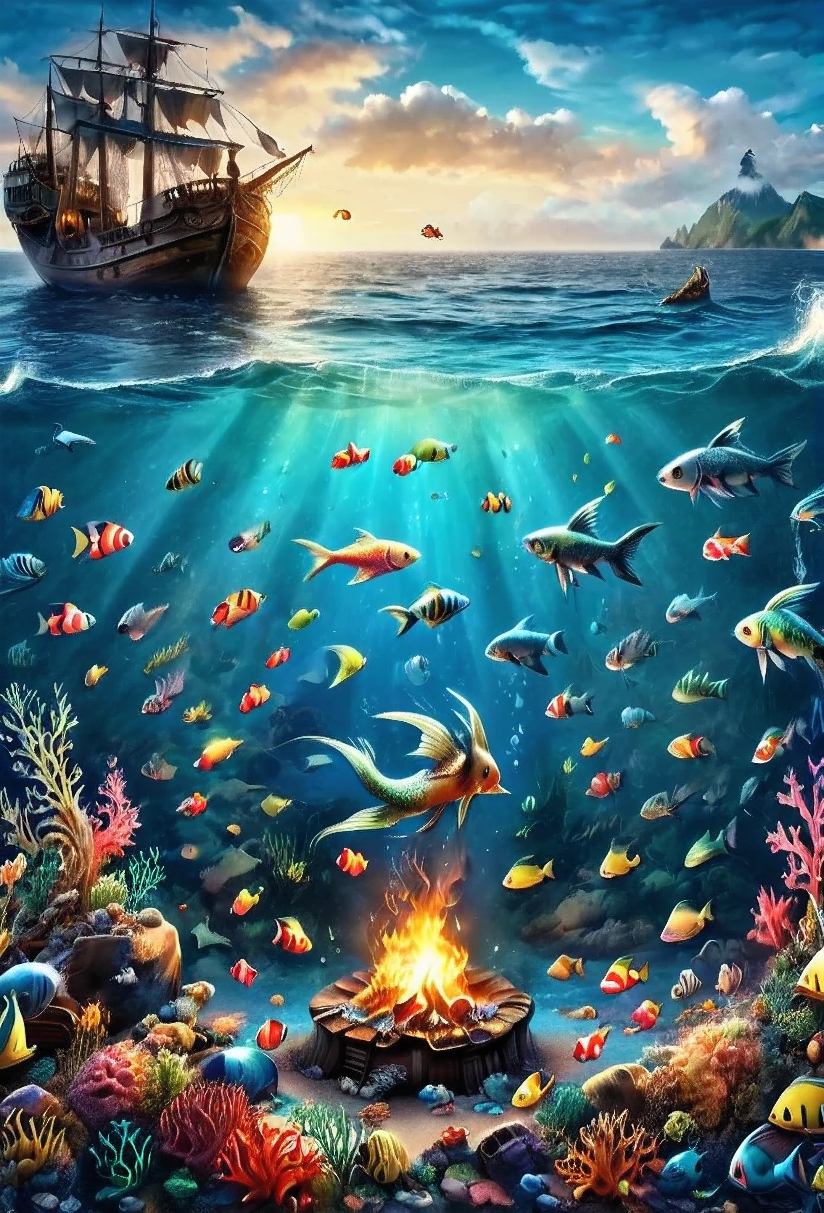 #quality(8k,wallpaper of extremely detailed CG unit, ​masterpiece,hight resolution,top-quality,top-quality real texture skin,hyper realisitic,increase the resolution,RAW photos,best qualtiy,highly detailed,the wallpaper,cinematic,golden ratio), BREAK ,many beautiful marmaids are sitting in a circle at ocean floor and watching the campfire at ocean floor,#background(beautiful deap ocean,beautiful ocean floor,many fishes),landscape,long shot, wide shot,