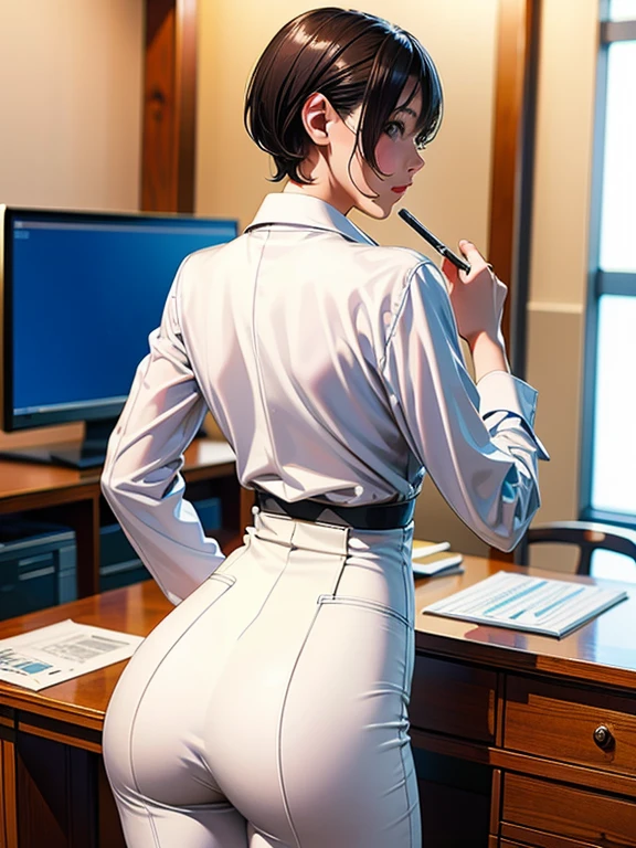 (highest quality, 8k, 32k, masterpiece, Ultra-high resolution:1.2), One Girl, Beautiful Japanese Woman, Tight waist, ベージュ色suit, White shirt, office lady, suit, Georgette pants, From behind, Office Room, mechanical, (Stick your butt out:1.2), Detailed face, short hair,
