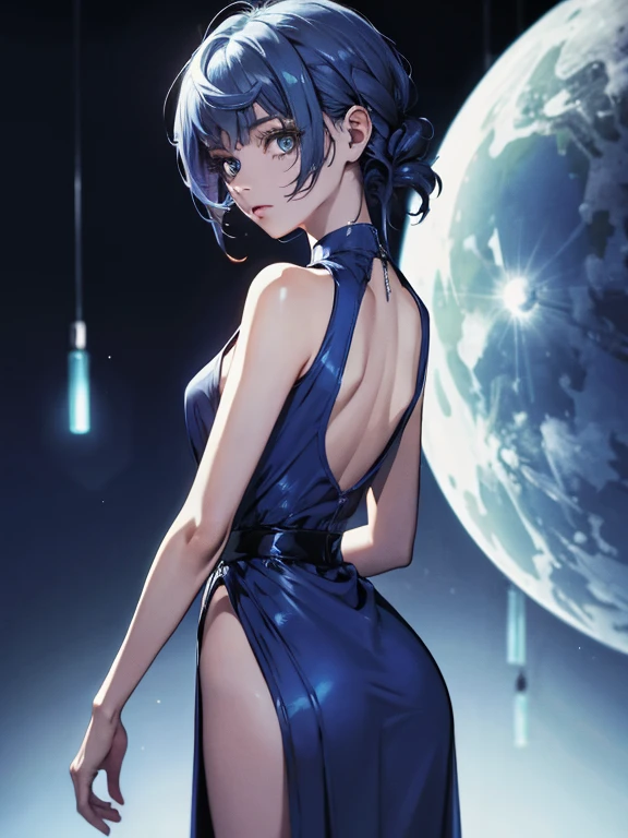best quality, masterpiece, 1girl, blue dress, shoulders, blue aesthetic, shiny natural skin texture, long dress, small waist, detailed eyes, blue, moon behind her back