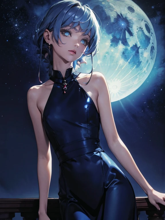 best quality, masterpiece, 1girl, blue dress, shoulders, blue aesthetic, shiny natural skin texture, long dress, small waist, detailed eyes, blue, moon behind her back