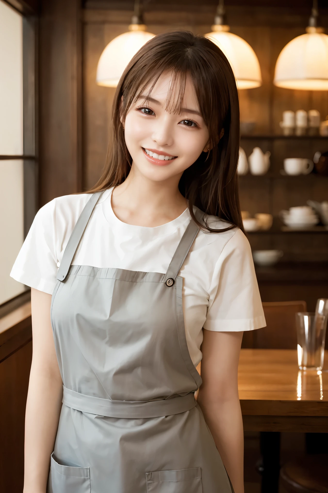 (highest quality、Tabletop、8k、Best image quality、Award-winning works)、Woman working in a café、The perfect brown apron、A classy shirt and apron、Big Breasts、(Accentuate your body lines:1.1)、Beautiful woman portrait、The most elegant and cozy cafe、The most natural cafe, Perfectly organized、The most atmospheric and warm lighting、Stylish and elegant cafe、Strongly blurred background、Look at me and smile、Accurate anatomy、Ultra high resolution perfect beautiful teeth、Ultra-high definition beauty face、Ultra HD Hair、Ultra HD The Shining Eyes、The Shining, Super high quality beautiful skin、Super high quality glossy lip