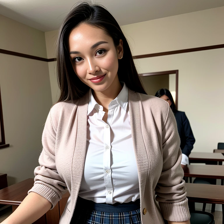 (Thai woman),((highponytail)),(forehead),(School Uniforms:1.5), (pink cardigan is fit body:1.4), ((long sleeve):1.3), (inner wear is white collared-shirt:1.3), (red plaid-pattern bow:1.3), (red plaid-pattern pleated skirt:1.3), ((dark-brown pantyhose, loafers):1.2), ((huge breasts:1.4)),(slim waist),(dark skin, tanned skin:1.5), (smile:1.5),(class room in the background:1.5), (cowboy shot:1.5),8k, UHD,