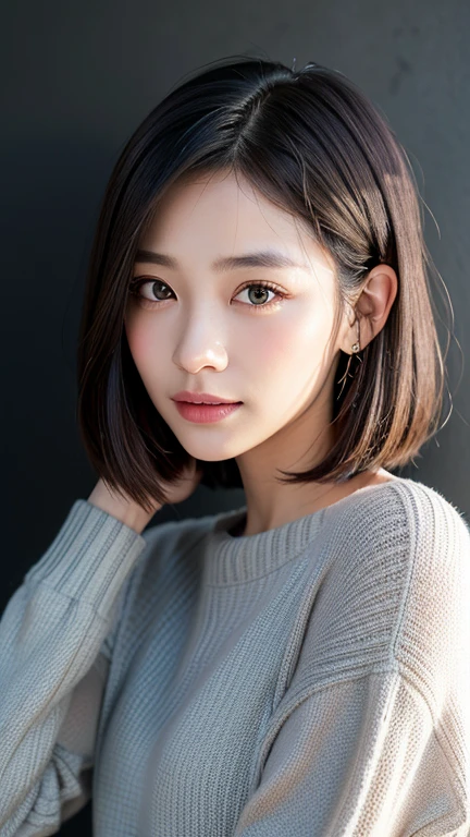 (((Close-up of face)))、(((Absolutely shoulder-length brown straight short bob)))、(((She is posing like a hair salon model, with a black wall indoors as the background.)))、(((Casual black winter long sleeves with shoulders covered)))、Half Japanese, half Korean、18 year old girl、Standing Alone、Looking forward、Light eye makeup、Brown Hair Color、Flat and 、Hair blowing in the wind、Actress Quality、Glossy, ultra-realistic face、Smiling face、Watery eyes、Gazing Up、Subtle lighting effects、 Ultra-Realistic Capture、Very detailed、High resolution 16K close up of human skin。Skin texture must be natural、The details must be such that pores can be clearly seen、The skin is healthy、Uniform tone、Use natural light and colors、A worn-out, high-quality photo taken by a model agency&#39;s in-house photographer.、smile、(((SIGMA 300 mm F/1.4,1/1000 sec shutter,ISO 400))) 