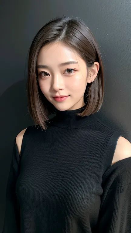 (((close-up of face)))、(((absolutely shoulder-length brown straight short bob)))、(((she is posing like a hair salon model, with ...