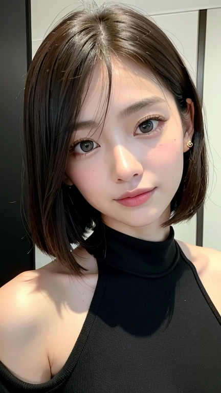 (((Close-up of face)))、(((Absolutely shoulder-length brown straight short bob)))、(((She is posing like a hair salon model, with a black wall indoors as the background.)))、(((Casual black winter long sleeves with shoulders covered)))、Half Japanese, half Korean、18 year old girl、Standing Alone、Looking forward、Light eye makeup、Brown Hair Color、Flat and 、Hair blowing in the wind、Actress Quality、Glossy, ultra-realistic face、Smiling face、Watery eyes、Gazing Up、Subtle lighting effects、 Ultra-Realistic Capture、Very detailed、High resolution 16K close up of human skin。Skin texture must be natural、The details must be such that pores can be clearly seen、The skin is healthy、Uniform tone、Use natural light and colors、A worn-out, high-quality photo taken by a model agency&#39;s in-house photographer.、smile、(((SIGMA 300 mm F/1.4,1/1000 sec shutter,ISO 400))) 