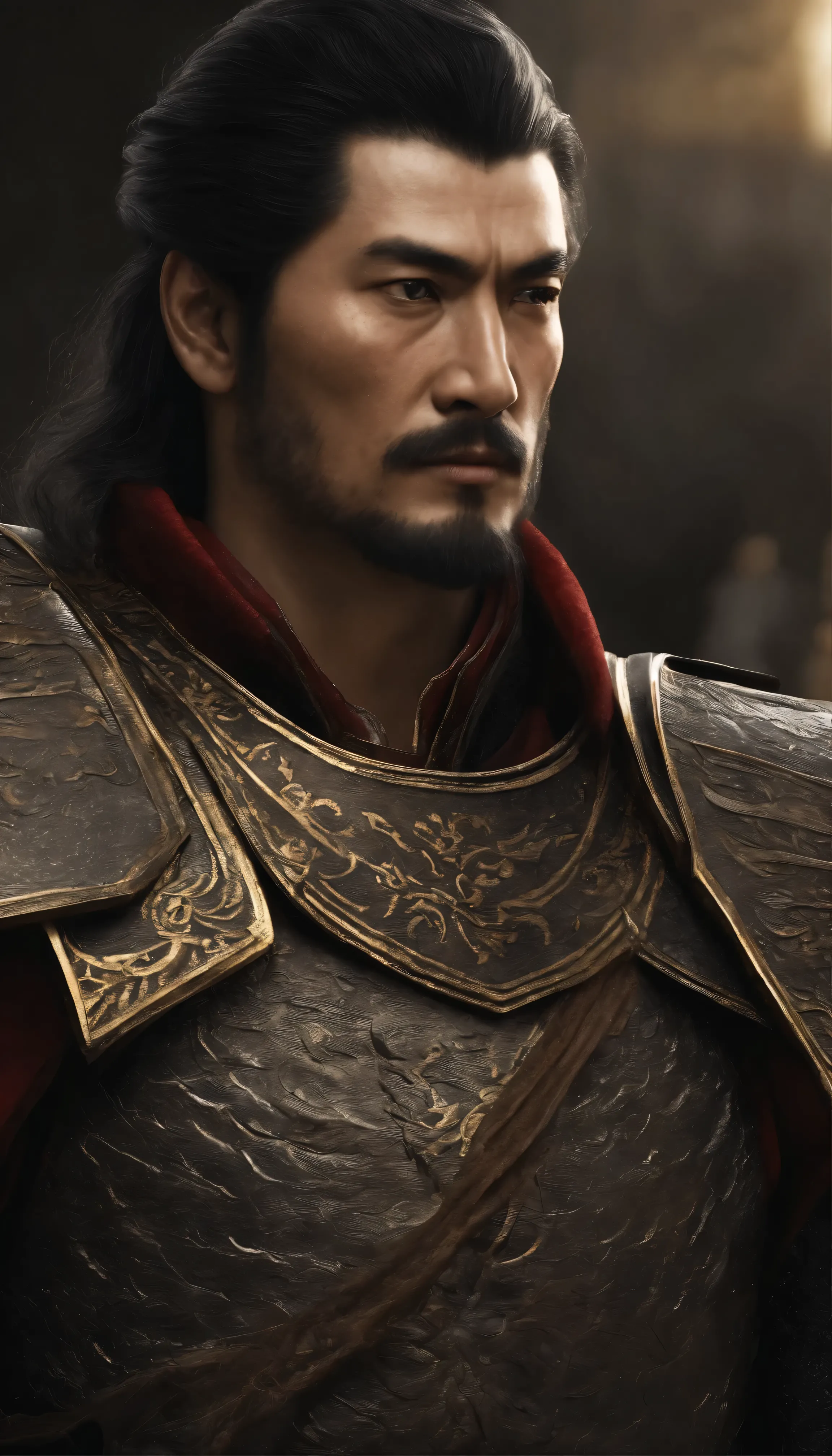 A scene from a movie,Image of Oda Nobunaga,　In the enchanting scene、A man stands proudly in an elegant black and gold ensemble、Wielding an epic sword in fantasy daimyo style(1)。Sleek black armor with gold accents、It envelops a muscular body that sparkles under the soft, mysterious light.。The man&#39;s stubble-covered jaw was set firmly in place.、His determined features are etched with a look of concentration.。Thick eyebrows slightly furrowed、His sculpted face is adorned with lines that add depth to it.。Ultra-detailed and ultra-realistic male eyes、Gazing into the distance、A steely determination illuminates its depths。