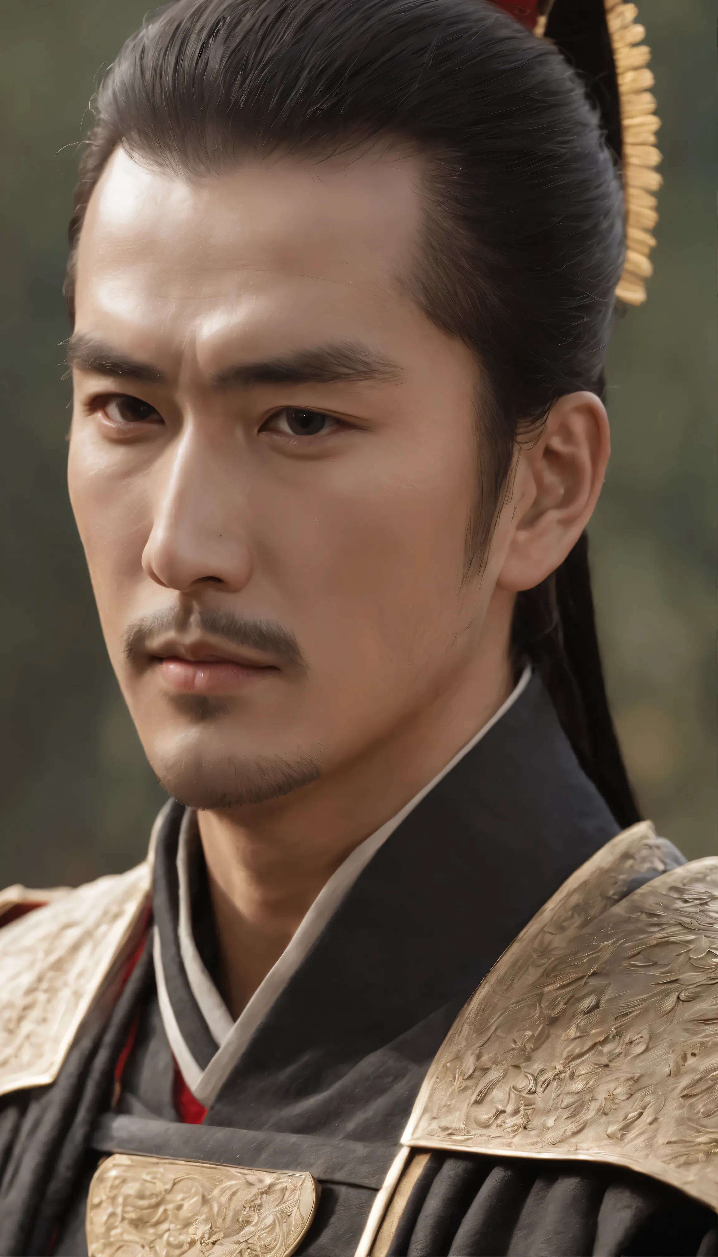 A scene from a movie,Image of Oda Nobunaga,　In the enchanting scene、A man stands proudly in an elegant black and gold ensemble、Wielding an epic sword in fantasy daimyo style(1)。Sleek black armor with gold accents、It envelops a muscular body that sparkles under the soft, mysterious light.。The man&#39;s stubble-covered jaw was set firmly in place.、His determined features are etched with a look of concentration.。Thick eyebrows slightly furrowed、His sculpted face is adorned with lines that add depth to it.。Ultra-detailed and ultra-realistic male eyes、Gazing into the distance、A steely determination illuminates its depths。