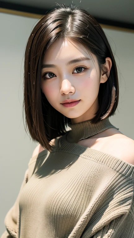 (((Close-up of face)))、(((Absolutely shoulder-length brown straight short bob)))、(((She is posing like a hair salon model, with a black wall indoors as the background.)))、(((Casual black winter long sleeves with shoulders covered)))、Half Japanese, half Korean、18 year old girl、Standing Alone、Looking forward、Light eye makeup、Brown Hair Color、Flat and 、Hair blowing in the wind、Actress Quality、Glossy, ultra-realistic face、Smiling face、Watery eyes、Gazing Up、Subtle lighting effects、 Ultra-Realistic Capture、Very detailed、High resolution 16K close up of human skin。Skin texture must be natural、The details must be such that pores can be clearly seen、The skin is healthy、Uniform tone、Use natural light and colors、A worn-out, high-quality photo taken by a model agency&#39;s in-house photographer.、smile、(((SIGMA 300 mm F/1.4,1/1000 sec shutter,ISO 400))) 