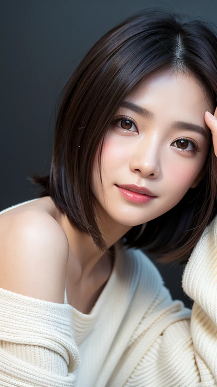 (((Close-up of face)))、(((Absolutely shoulder-length brown straight short bob)))、(((She is posing like a hair salon model, with a black wall indoors as the background.)))、(((Casual black winter long sleeves with shoulders covered)))、Half Japanese, half Korean、18 year old girl、Standing Alone、Looking forward、Light eye makeup、Brown Hair Color、Flat and 、Hair blowing in the wind、Actress Quality、Glossy, ultra-realistic face、Smiling face、Watery eyes、Gazing Up、Subtle lighting effects、 Ultra-Realistic Capture、Very detailed、High resolution 16K close up of human skin。Skin texture must be natural、The details must be such that pores can be clearly seen、The skin is healthy、Uniform tone、Use natural light and colors、A worn-out, high-quality photo taken by a model agency&#39;s in-house photographer.、smile、(((SIGMA 300 mm F/1.4,1/1000 sec shutter,ISO 400))) 