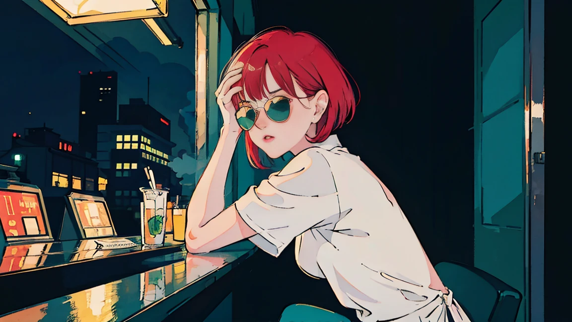 beautiful asian girl with red hair sitting in a diner at night, seen through a window, perfect face, sunglasses, smoking a white tailor made cigarette, NeonNoir, (backlit: 1.1), hard shadow, masterpiece, best quality, Intricate, modelshoot style, vintage, film grain, Incomplete details drive,citypop,cassettetape