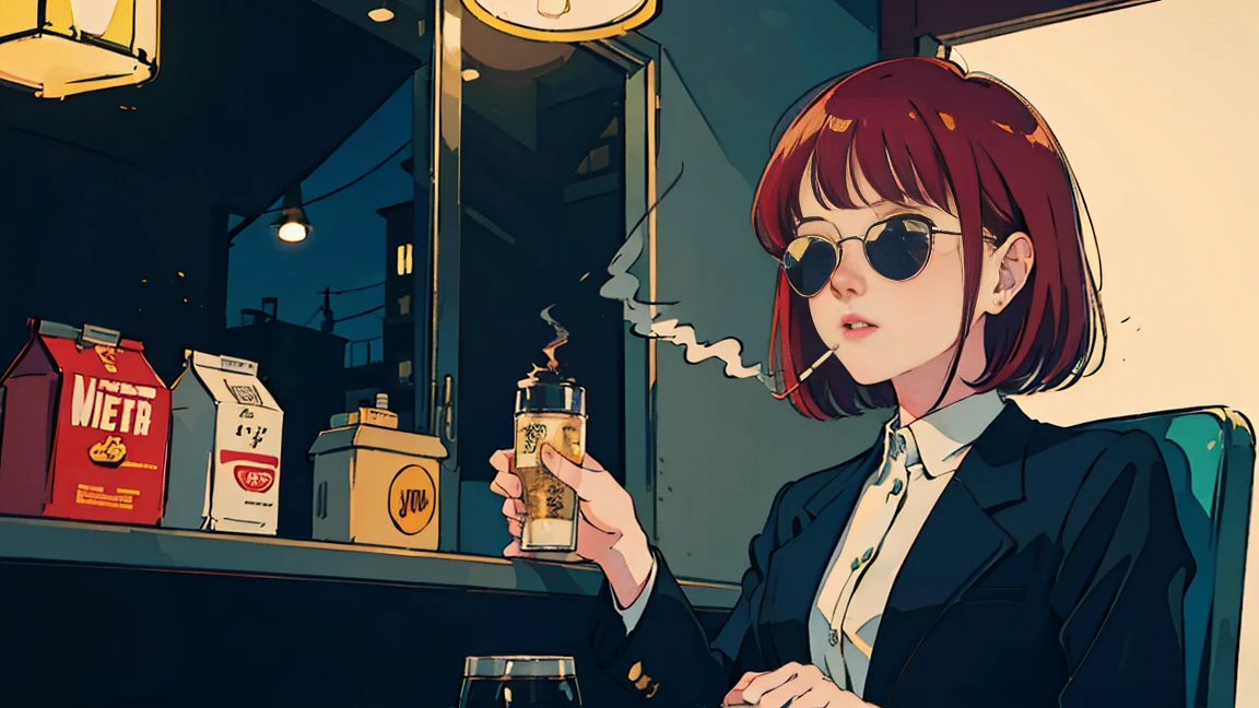 beautiful asian girl with red hair sitting in a diner at night, seen through a window, perfect face, sunglasses, smoking a white tailor made cigarette, NeonNoir, (backlit: 1.1), hard shadow, masterpiece, best quality, Intricate, modelshoot style, vintage, film grain, Incomplete details drive,citypop,cassettetape